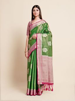 Mimosa - Women Traditional Vakrangi Kanjivaram Art Silk Green Saree with Unstitched Blouse