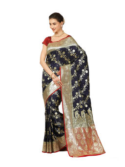 Banarasi Silk Works - Women Navy Blue Satin Saree with Unstitched Blouse