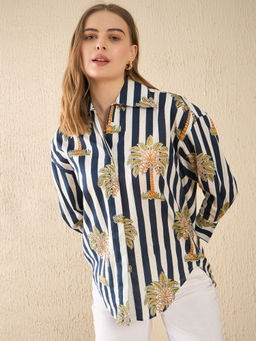 Uptownie - Blue Printed Asymmetric Cotton Shirt