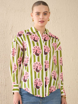 Uptownie - Green Printed Asymmetric Cotton Shirt