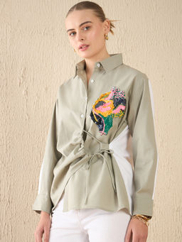 Uptownie - Khaki Lite Sequinned Side Tie-Up Shirt