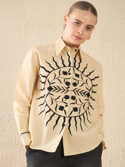 Uptownie - Beige Lite Embroidered Cotton Shirt