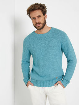 Guess - Soft Teal Solid Round Neck Full Sleeve Deven Sweater