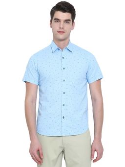 Greenfibre - Mens Air Blue Cotton Slim Fit Printed Half Sleeve Semi Casual Shirt