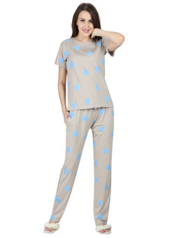 Velure - Half Sleeve Pyjama Set With Blue Heart Print Top Same Pant. - Grey