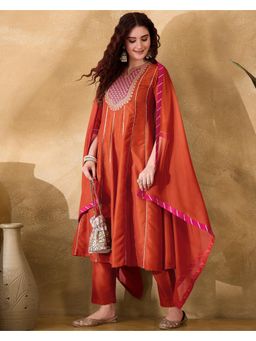 Gahan - Orange Bitaliyan Zari Sequence Embroidery with Lace Anarkali Kurta with Pant and Dupatta