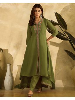 Gahan - Parrot Green Roman Silk Zari Sequence Thread Embroidered Kurta with Palazzo and Dupatta