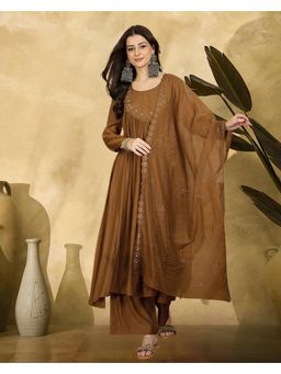 Gahan - Mocha Mouse Mal Chanderi Sequence Thread Embroidered Kurta with Palazzo and Dupatta