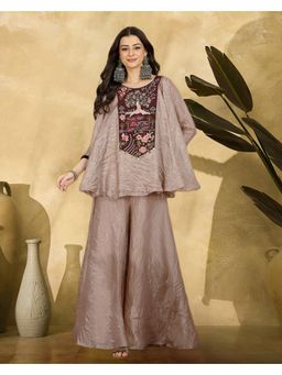 Gahan - Golden Beige Zari Sequence Thread Embroidered Top with Flared Palazzo