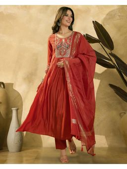Gahan - Orange Mal Chanderi Zari Sequence Embroidered Anarkali Kurta with Pant and Dupatta