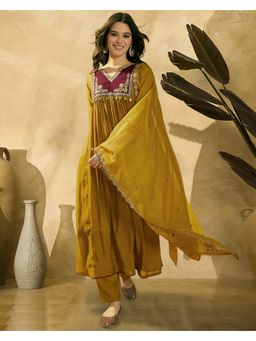 Gahan - Mustard Mal Chanderi Zari Sequence Embroidery Anarkali Kurta with Pant and Dupatta