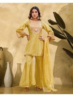 Gahan - Yellow Natural Crepe Zari Sequence Thread Embroidered Kurta with Palazzo and Dupatta