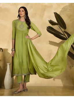 Gahan - Parrot Green Cotton Blend Zari Sequence Thread Embroidered Kurta with Pant and Dupatta