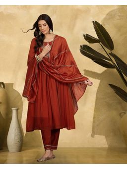 Gahan - Orange Cotton Blend Zari Sequence Embroidered Anarkali Kurta with Pant and Dupatta