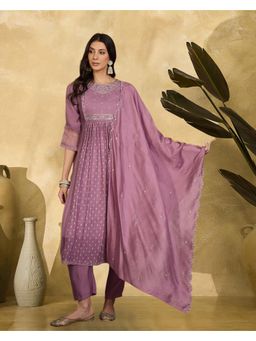 Gahan - Purple Cotton Blend Zari Sequence Embroidered Anarkali Kurta with Pant and Dupatta