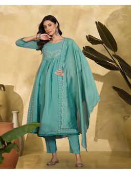 Gahan - Sky Blue Cotton Blend Zari Sequence Embroidered Anarkali Kurta with Pant and Dupatta