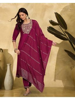 Gahan - Magenta Cotton Blend Zari Sequence Embroidered Kurta with Pant and Dupatta