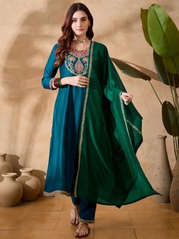 Gahan - Teal Blue Velvet Zari Sequence Embroidered Anarkali Kurta with Pant and Dupatta