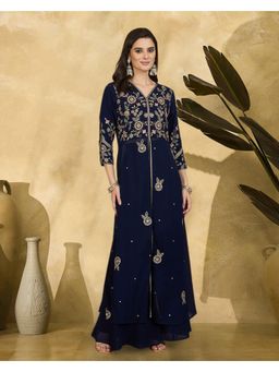 Gahan - Navy Blue Georgette Zari Sequence Thread Embroidered Kurta and Palazzo