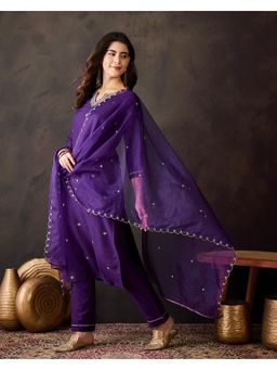 Gahan - Purple Dchinon Zari Sequence Embroidered Kurta with Pant and Organza Dupatta