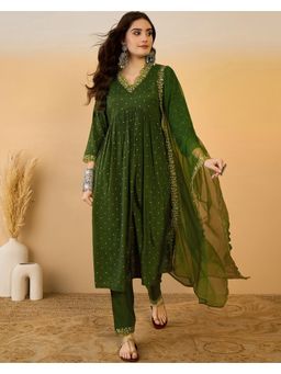 Gahan - Mehndi Green Silk Blend Zari Embroidered Anarkali Kurta with Pant and Organza Dupatta