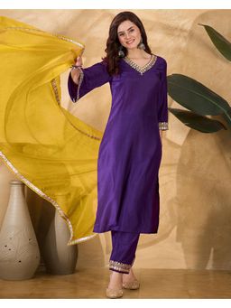 Gahan - Purple Dchinon Silk Blend Zari Sequence Thread Kurta with Pant and Yellow Dupatta