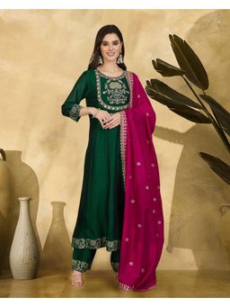 Gahan - Green Zari Thread Embroidered with Foil Print Anarkali Kurta with Pant and Dupatta