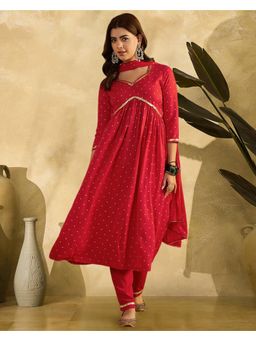 Gahan - Red Crepe Foil Print Kurta with Pant and Dupatta