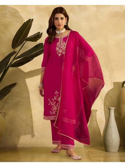 Gahan - Pink D Chinon Silk Blend Cording Embroidered Kurta With Pant And Dupatta