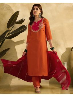 Gahan - Orange D Chinon Silk Blend Zari Sequence Thread Embroidered Kurta With Pant And Dupatta