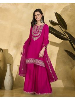 Gahan - Rani Vichitra Zari Sequence Thread Embroidered Kurta With Palazzo And Dupatta
