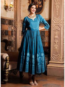 ISHIN - Women Cotton Ethnic Motifs Printed Fit and Flare Maxi Dress