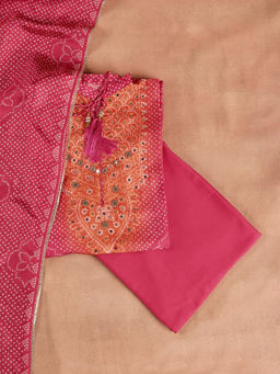 Libas - Pink Bandhani Printed Embellished Yoke Design Semi Stitched Suit (Set of 3)