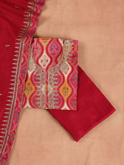 Libas - Red Printed Embellished Yoke Unstitched Suit (Set of 3)