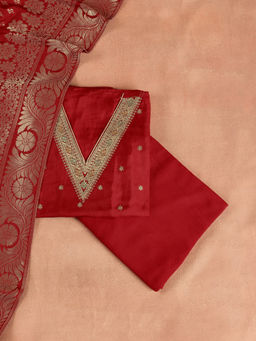 Libas - Red Embroidered Yoke Design Unstitched Suit (Set of 3)