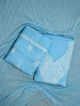 Seva Chikan - Hand Embroidered Blue Terivoil Cotton Lucknowi Chikankari Unstitched Suit (Set of 3)