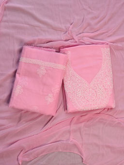 Seva Chikan - Hand Embroidered Pink Terivoil Cotton Lucknowi Chikankari Unstitched Suit (Set of 3)