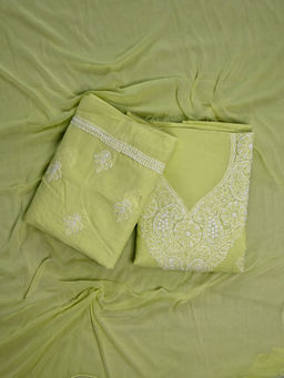 Seva Chikan - Hand Embroidered Green Terivoil Cotton Lucknowi Chikankari Unstitched Suit (Set of 3)