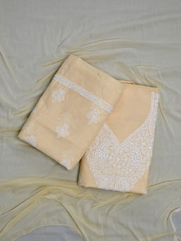 Seva Chikan - Hand Embroidered Beige Terivoil Cotton Lucknowi Chikankari Unstitched Suit (Set of 3)