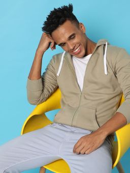 Campus Sutra - Zipper Solid Sleeve Hooded Sweatshirt