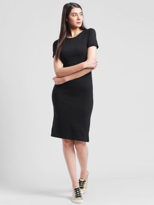 RIGO Black Solid Knee Length Bodycon Dress