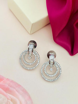 Abdesigns Silver Plated White American Diamond Studded Drop Earrings