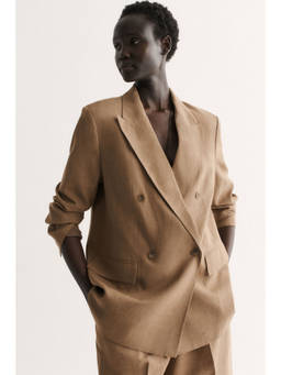 H&M - Women Beige Double-breasted linen-blend blazer