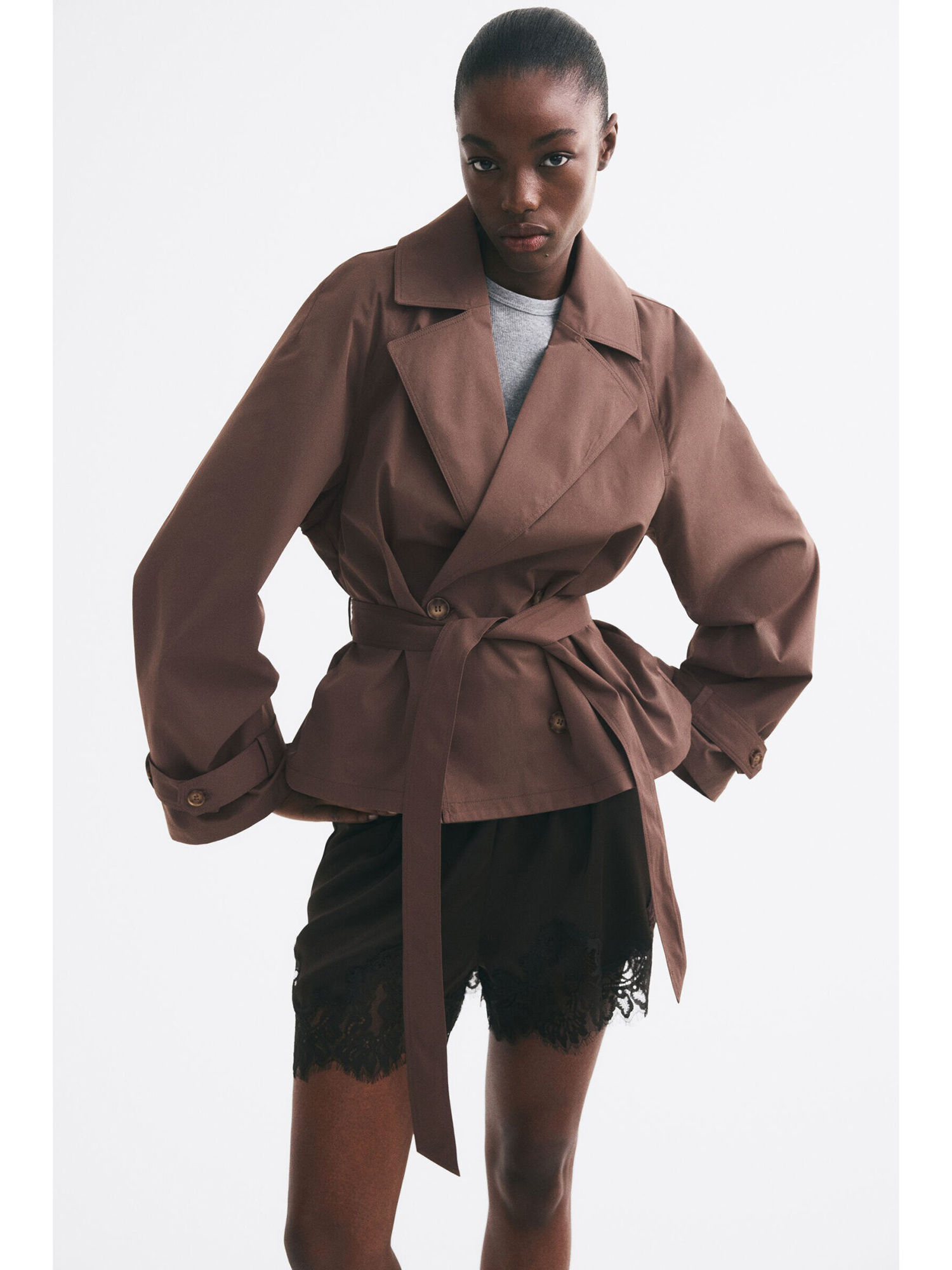h&m Women Brown Short tie-belt trench coat-picture-35