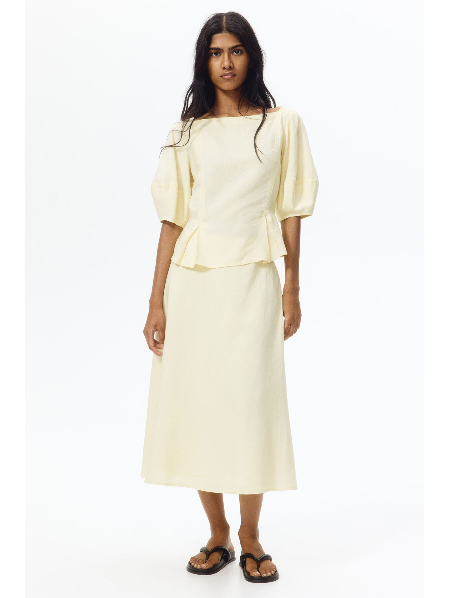 h&m Women Yellow Linen-blend midi skirt-picture-33