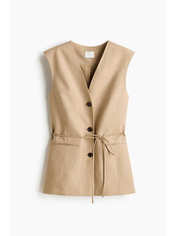 H&M - Women Beige Linen-blend tie-belt waistcoat