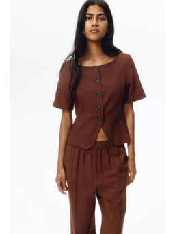 H&M - Women Brown Short-sleeved linen-blend Top