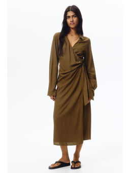 H&M - Women Brown Linen-blend wrap dress