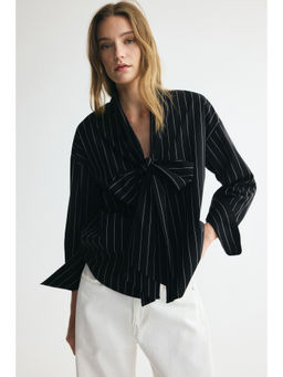 H&M - Women Black Scarf-collar cotton blouse