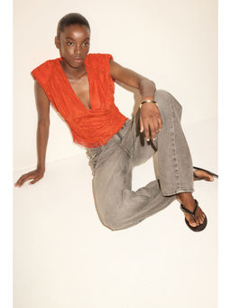 H&M - Women Orange V-Neck Lace Top